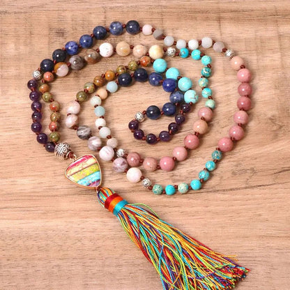 Gorgeous Natural Stones Chakra Triangle Pendant Mala Necklace