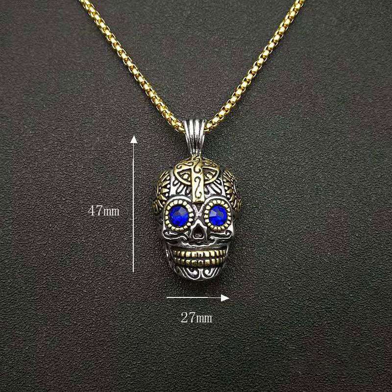 Halloween Retro Punk Gold Plated Blue Zircon Skull Pendant