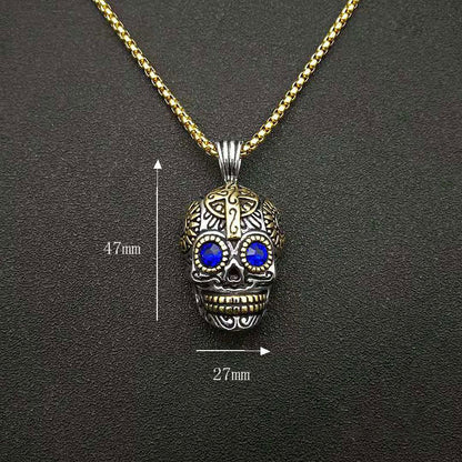 Halloween Retro Punk Gold Plated Blue Zircon Skull Pendant