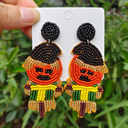 Halloween Funny Pumpkin Hand-stitched Rice Bead Earrings