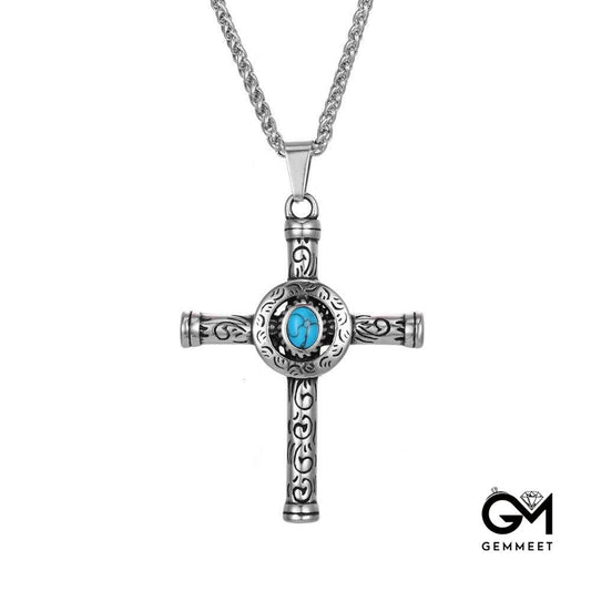 Stainless Steel Noble Scepter Cross Turquoise Necklace