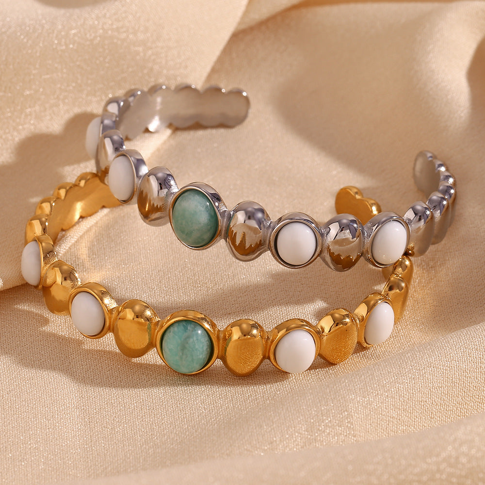 Titanium steel gold-plated oval stone opening bracelet