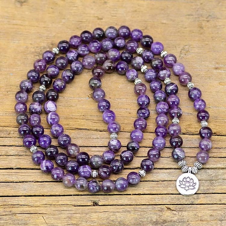 Amethyst Lotus Symbol Mala Necklace Bracelet