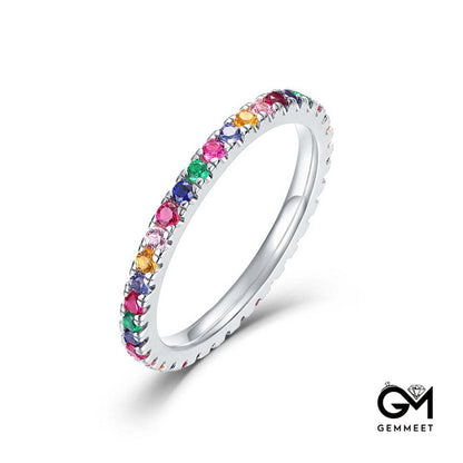 White Gold Prong Common Rainbow Stones Band Ring