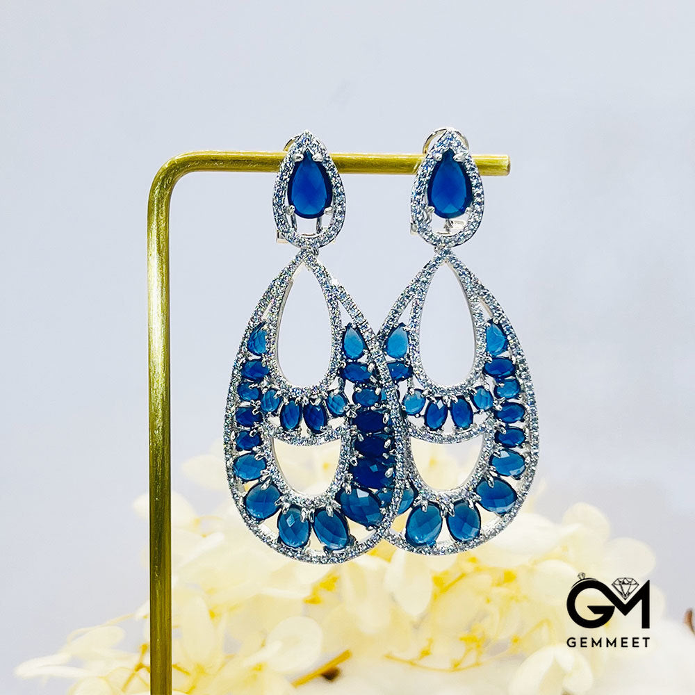 Pear-Shaped Center Hollow Blue Stone Pendant Earrings