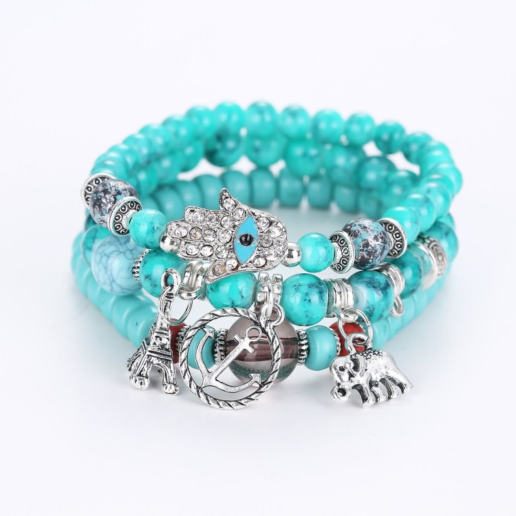 Elephant Tower Evil Eye Hamsa Bracelet Set