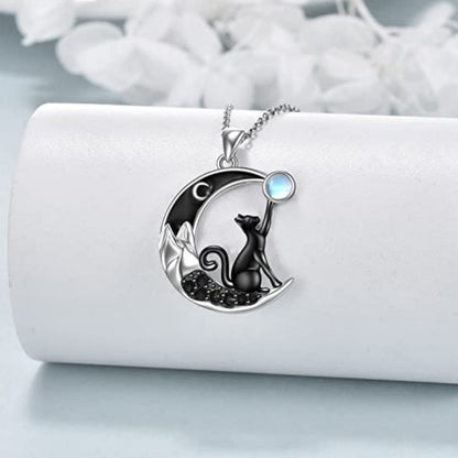 Moonstone Black Cat Moon Pendant Necklace