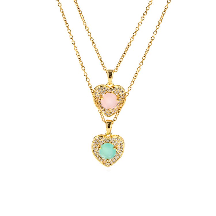 Pink Opal Amazonite Golden Heart Pendant Necklace