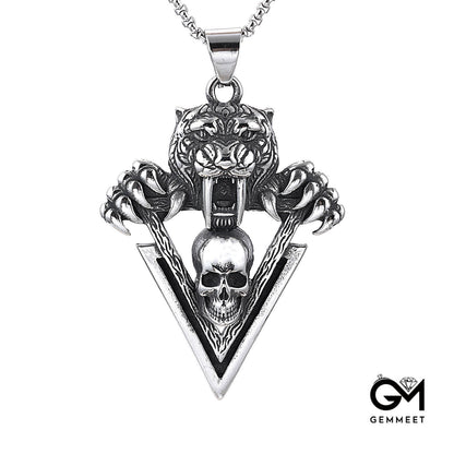 Stainless Steel Tiger Head Skull Pendant Necklace