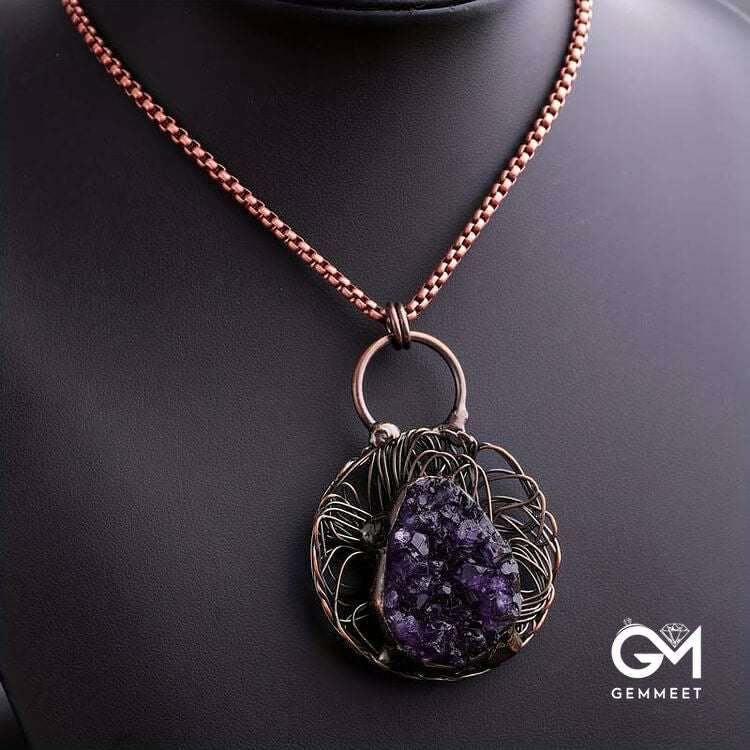 Wire Wound Inlaid Irregular Amethyst Gemstone Necklace