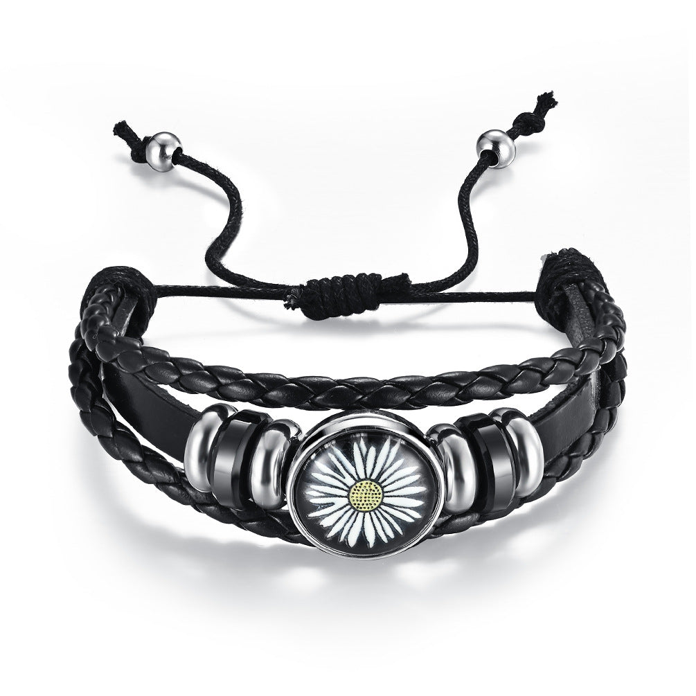 Sunflower Daisy Stainless Steel Leather Strap Bracelet