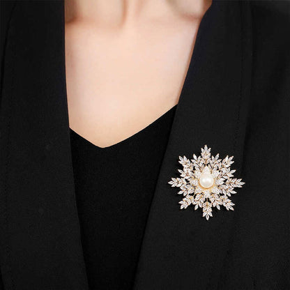 Golden Shinny Pearl Full Stone Snowflake Brooch