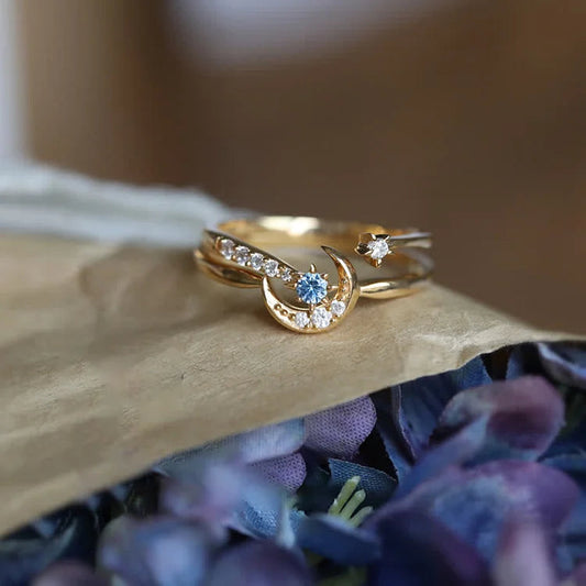 Gold Double Layer Blue.Gem Moon And Star Ring