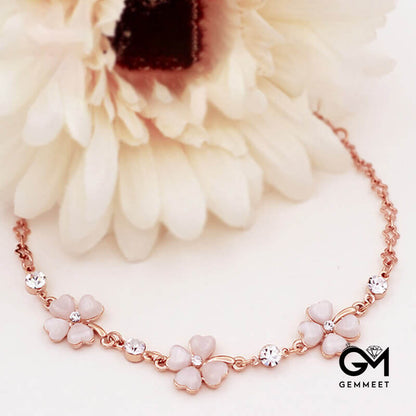 Pink Crystal Four Leaf Clover Love Chain Bracelet