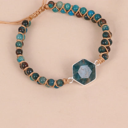 Double Woven Bracelet with Hexagonal Top Hanging Blue Shoushan Stone Bead