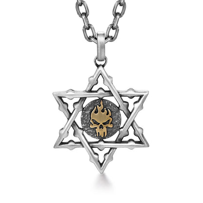 Sterling Silver Golden Skull Hexagram Pendants Necklace