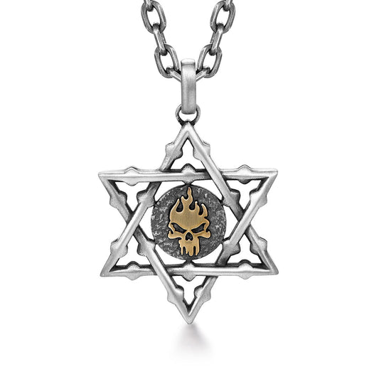 Sterling Silver Golden Skull Hexagram Pendants Necklace