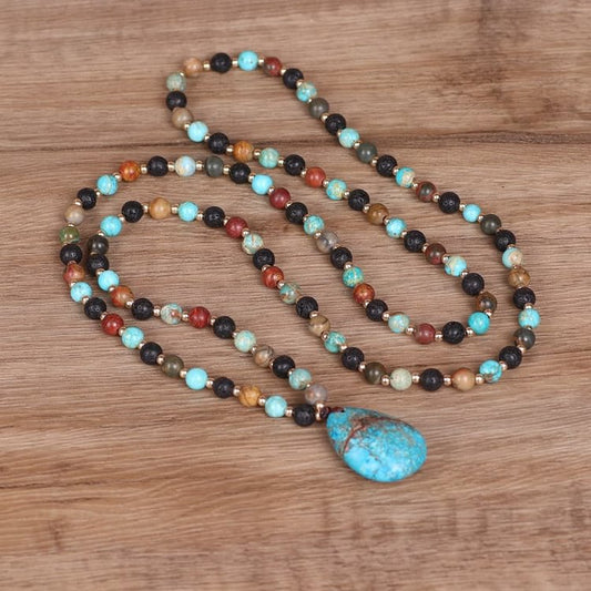 Turquoise Drop Shape Pendant Mala Beaded Necklace