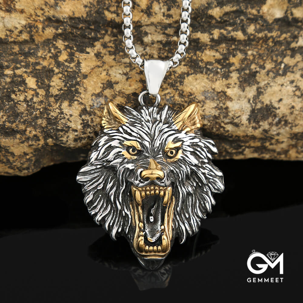 Stainless Steel Viking Wolf Head Hip Hop Necklace