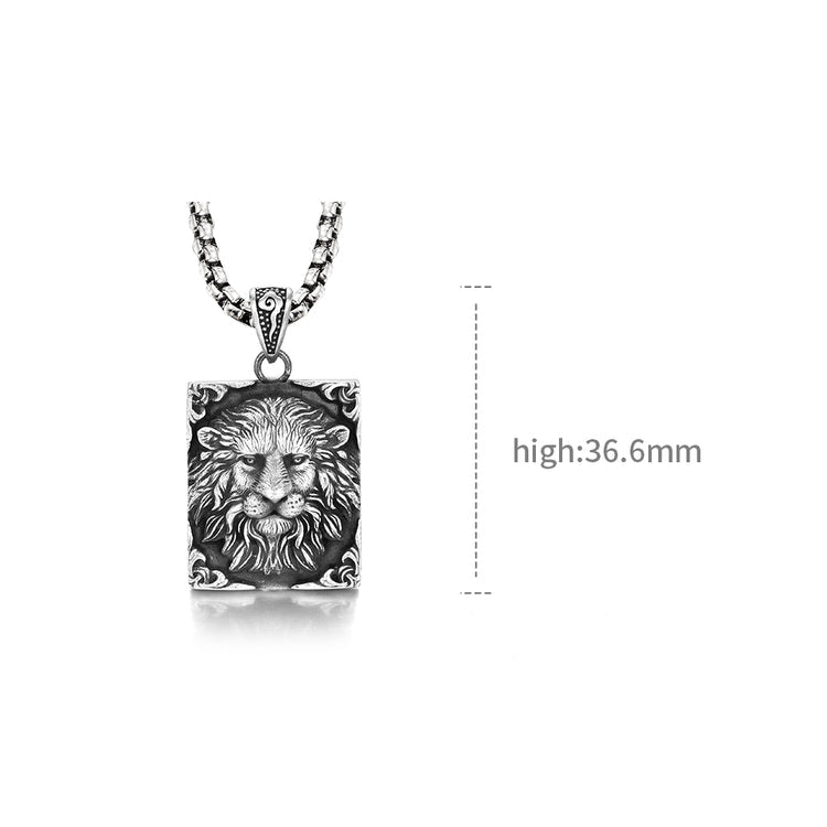 Sterling Silver Square Male Lion Pendants Necklace