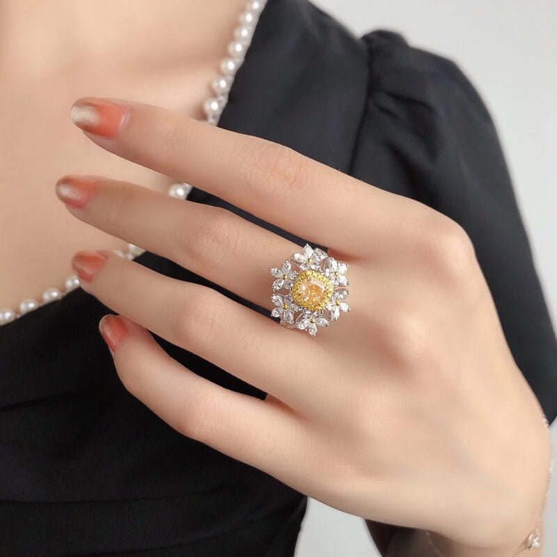 Light Luxury Imitation Color Yellow Diamond Six Flower Zircon Ring