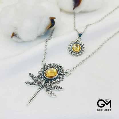 Creative Sunstone Dragonfly Sunflower Pendant Necklace