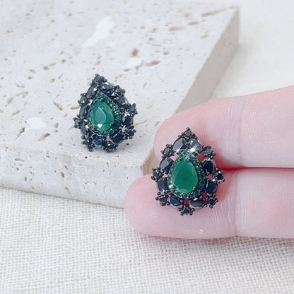 Black Pear-Shaped Green Zircon Inlaid Earrings