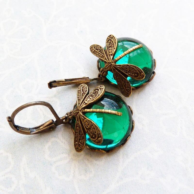 Green Glass Vintage Dragonfly Earrings