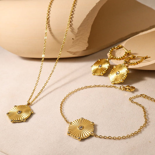 Golden Radial Texture Dangle Hexagonal Pendant Earrings Necklace Bracelet