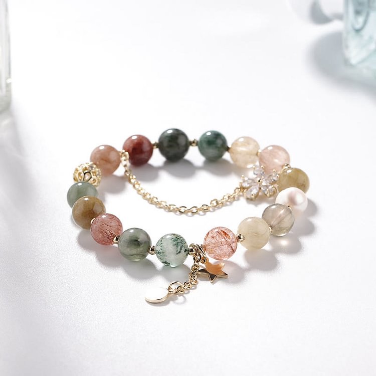 Gold Rutilated Quartz Tourmaline Star Moon Beaded Bracelet