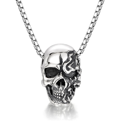 Sterling Silver Vintage Facial Damage Skull Pendants Necklace