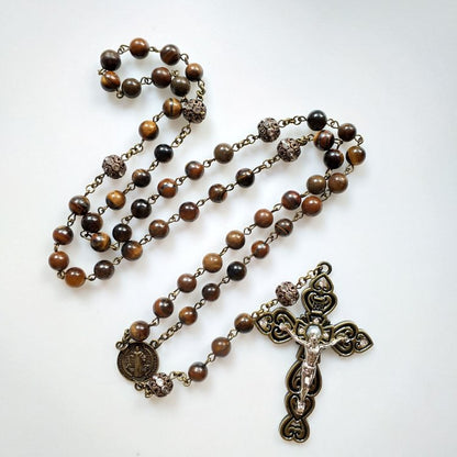 Grade A Tiger Eye Cross Pendant Rosary Necklace