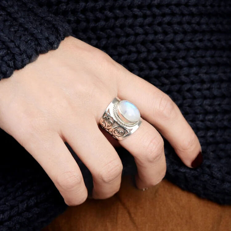 Large Moonstone Filigree Ring