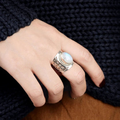 Large Moonstone Filigree Ring