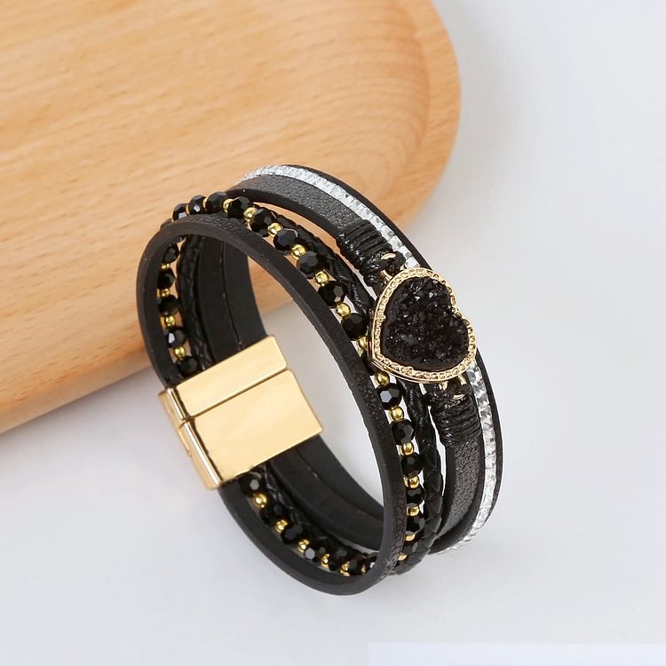 Heart Shape Cluster Multilayer Braided Leather Bracelet