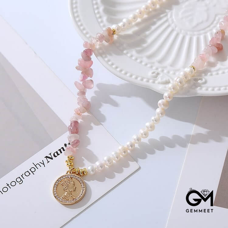 Irregular Strawberry Quartz Pearl Metal Sheet Pendant Necklace