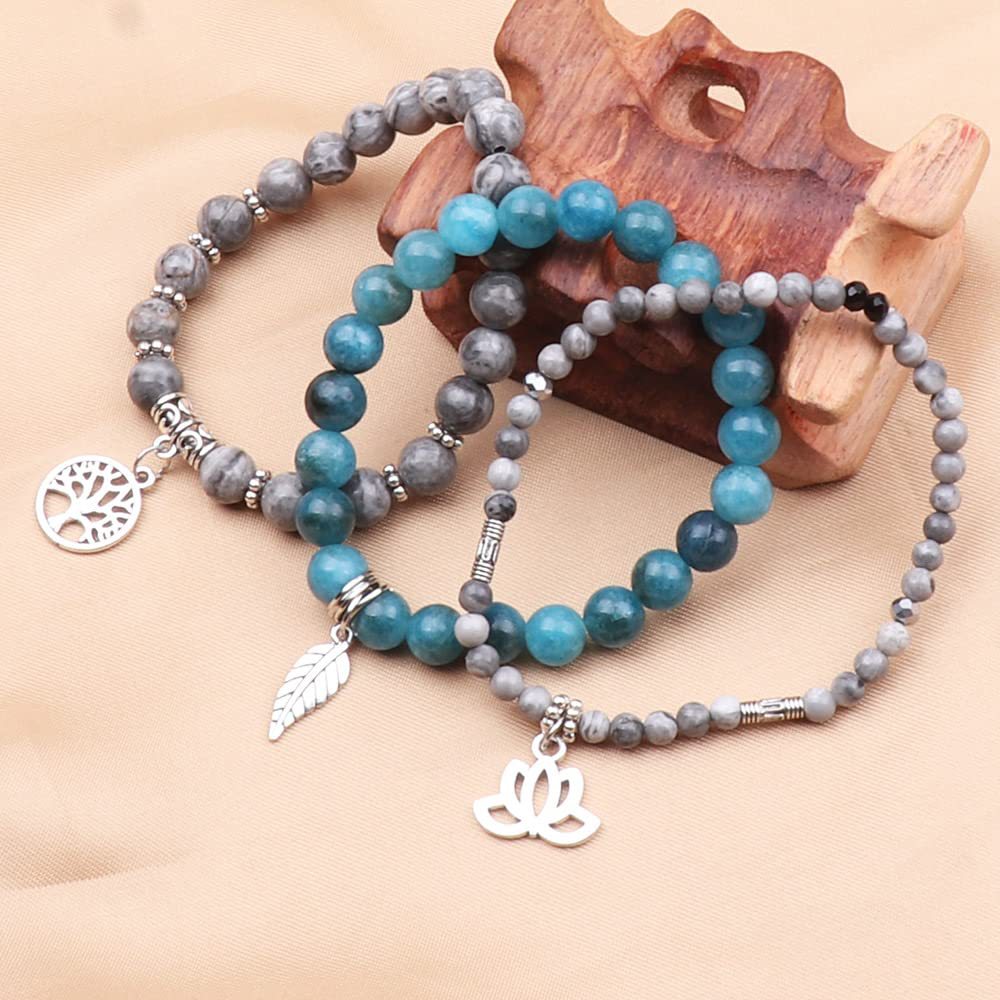 Lotus Life of Tree & Leaf Symbol Blue & Grey Stones Bracelet