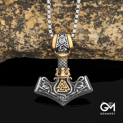 Viking Thor's Hammer Odin Triangle Rune Necklace