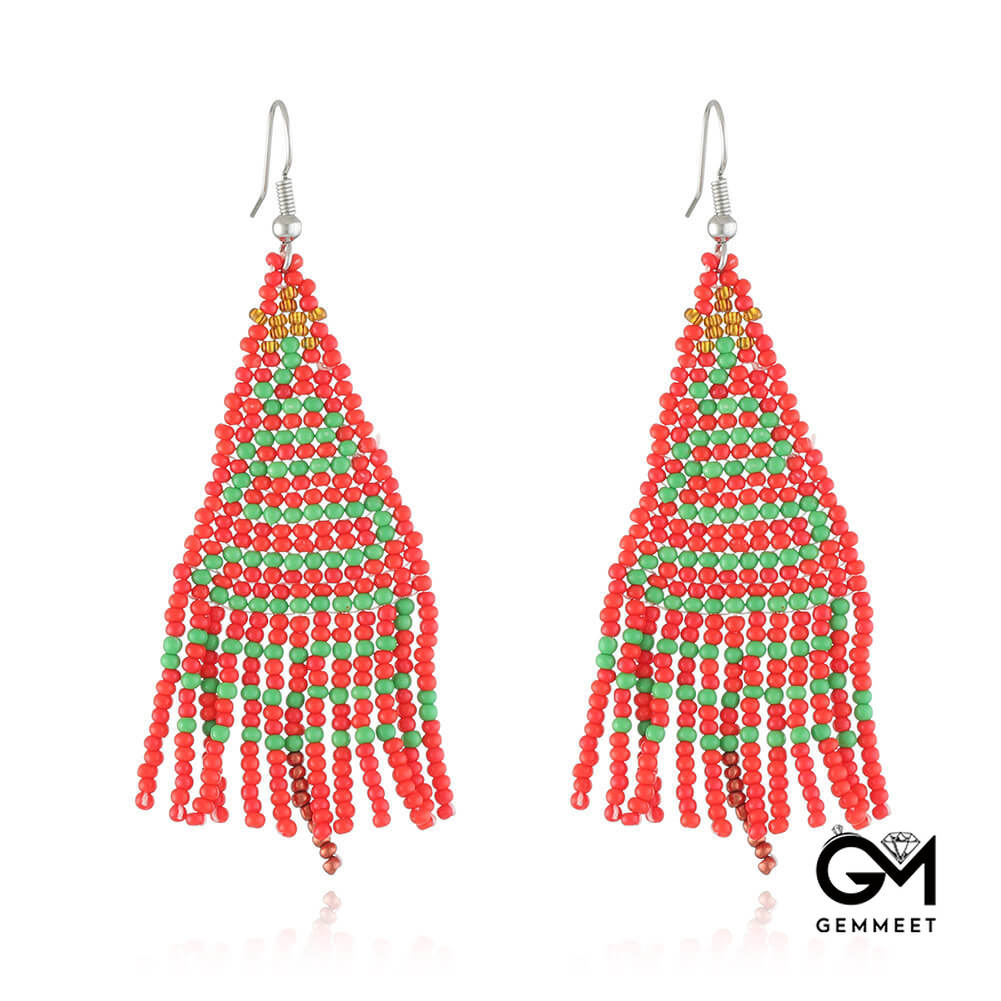 Christmas Tassel Earrings Handwoven Christmas Tree Santa Claus Bead Earrings