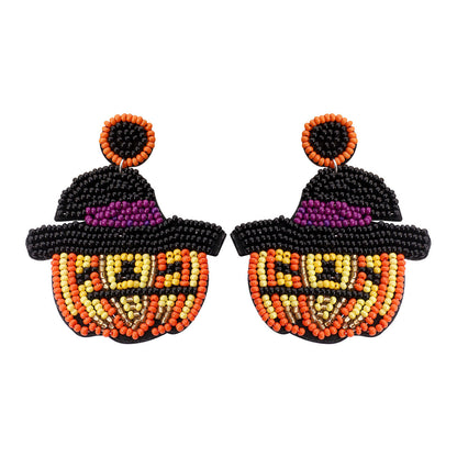 Halloween Pumpkin Head Magic Hat Hand Stitched Rice Bead Earrings