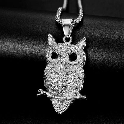 HIPHOP Jewelry Titanium Steel Gold Plated Inlaid Zircon Owl Pendant