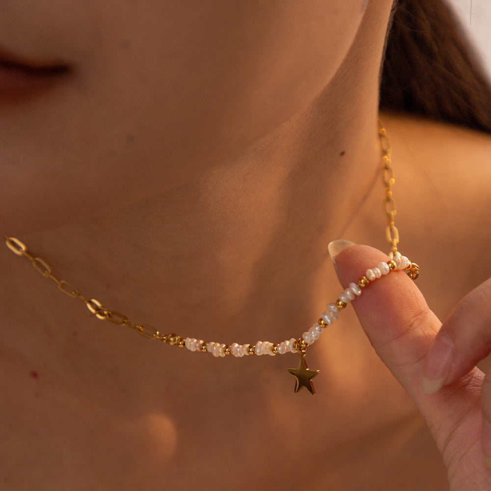 18K Gold Stainless Star Pearl Necklace