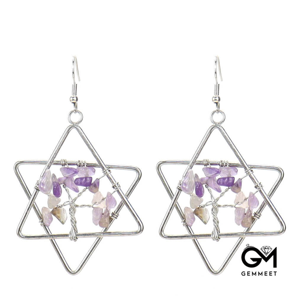 Hexagon Star Gravel Crystal Tree of Life Earrings