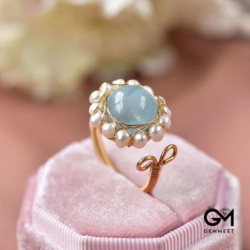 Aquamarine With Pearl Retro Ring