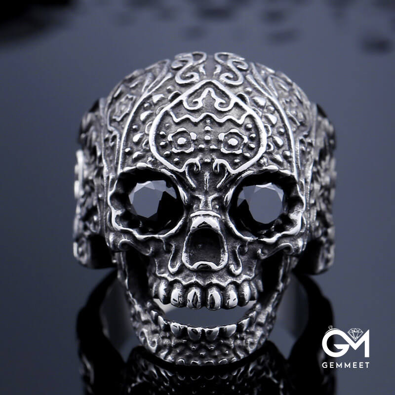 Titanium Steel Inlaid with Zircon Carved Skull Ring