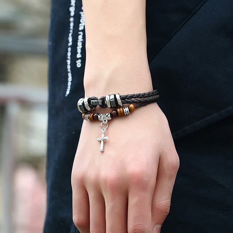 Braided Woven Leather Cross Tiger Eye Bracelet