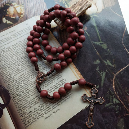 Red Brown 10mm Wooden Bead Cross Rosary Necklace