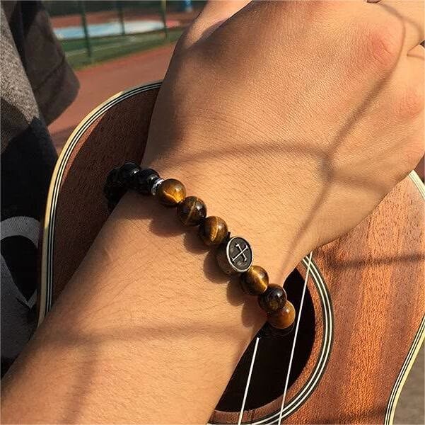 8mm Natural Tiger Eye Beaded Men Cross Bracelet