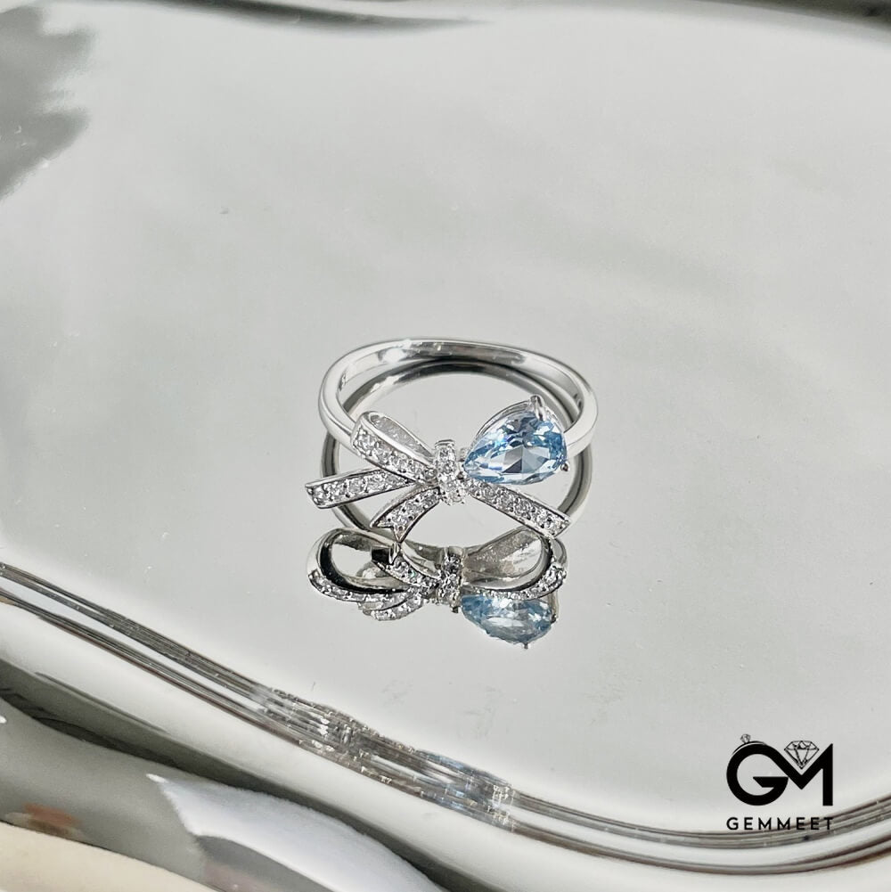 S925 Sterling Silver Blue Water Drop Zircon Bow Ring