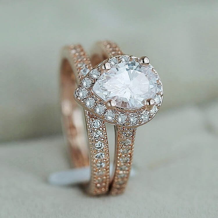 2 Pcs Rose Gold Pear Shape Zircon Ring Set